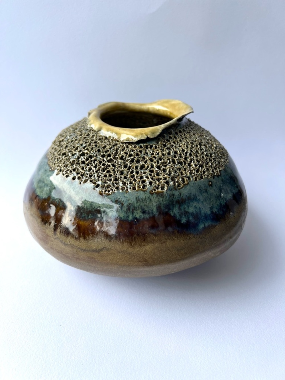 Handmade Ceramic Decorative sculpture or vase, Brown, Blue, and Gold